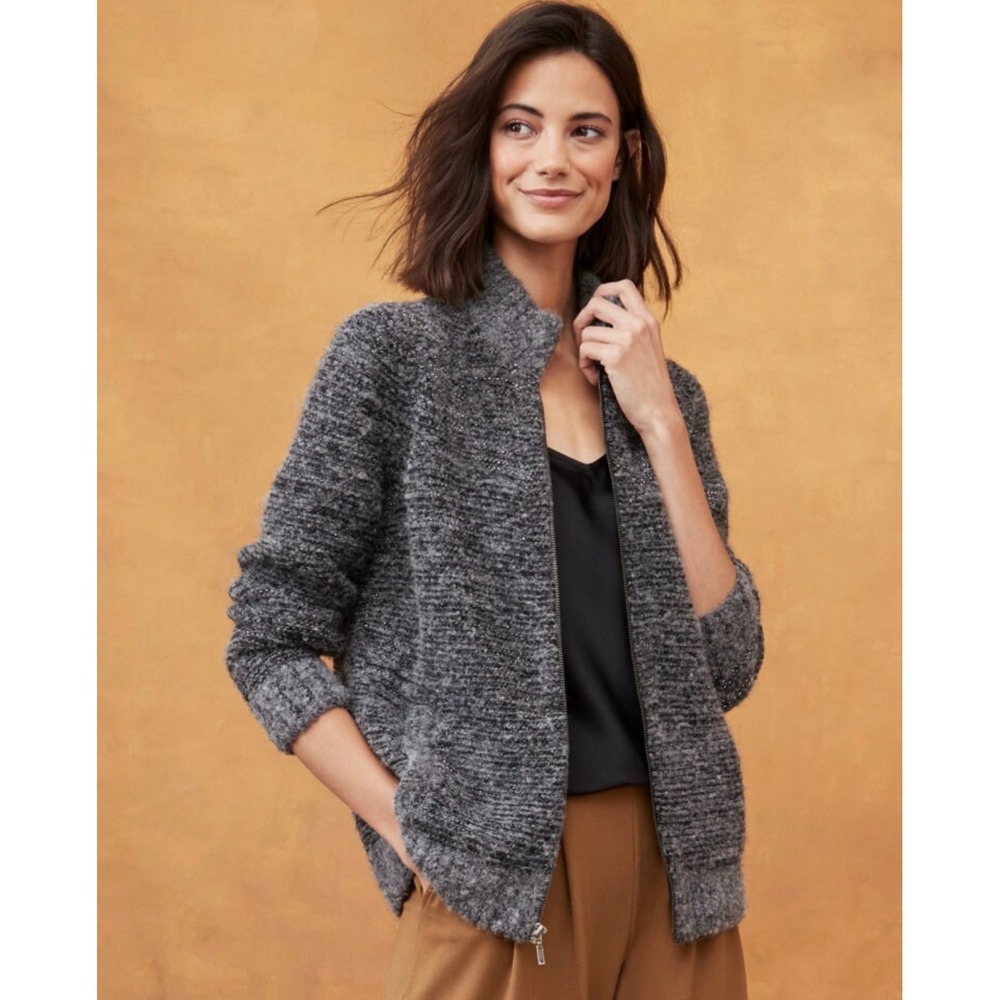 Garnet Hill Shimmering Sweater Jacket Alpaca Blend Metallic Full Zip Gray XS